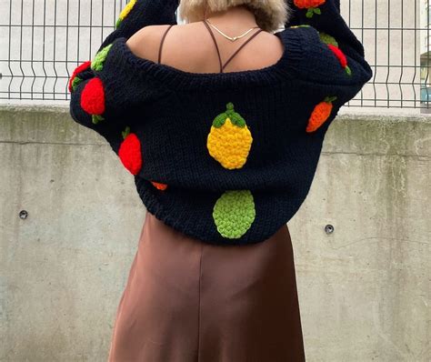 Mixed Fruit Knit Sweater Cardigan For Women Colored Fruit Shaped Lemon