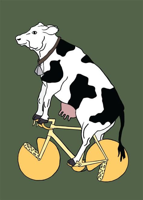 Cow Riding Bike With Cheese Wheel Wheels 5x7 Print By Linedraw 15 00