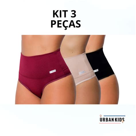 Kit 3 Calcinhas Cinta Modeladora Pós Parto Cós Alto Redutora De Medidas