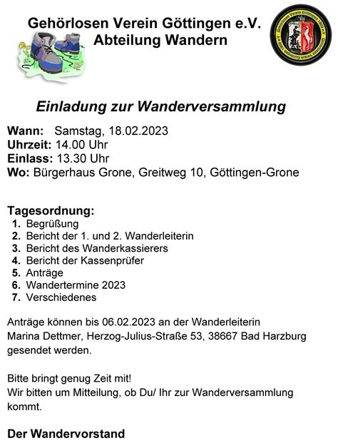 Abt Wandern Einladung Zur Wanderversammlung Gv G Ttingen E V