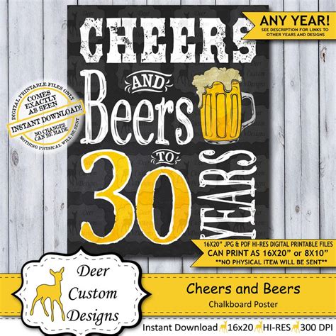 Cheers And Beers 30 Years 30th Birthday Poster Cheers To Etsy