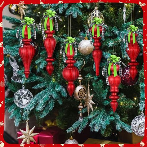 Liliful 6 Pcs 6 3 Inch Red Mercury Glass Finial Christmas Ornaments