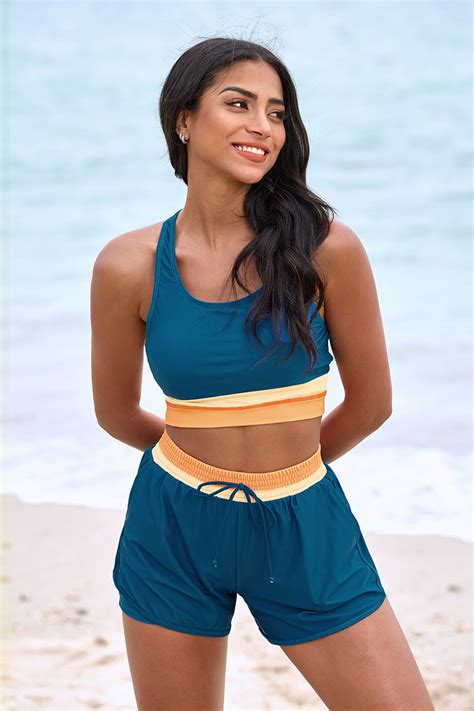 Blue Colorblock Scoop Neck Sporty Bikini Top And High Waist Boy Shorts