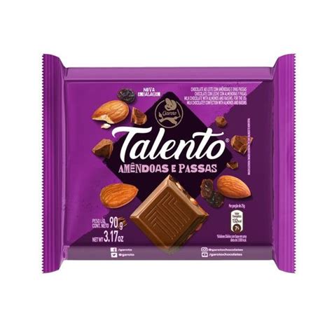 Chocolate Garoto Talento Amêndoas e Uvas Passas 90g Chocolate Barra