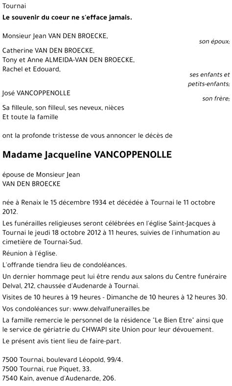 Avis De Décès De Jacqueline Vancoppenolle Décédé Le 11 10 2012 à