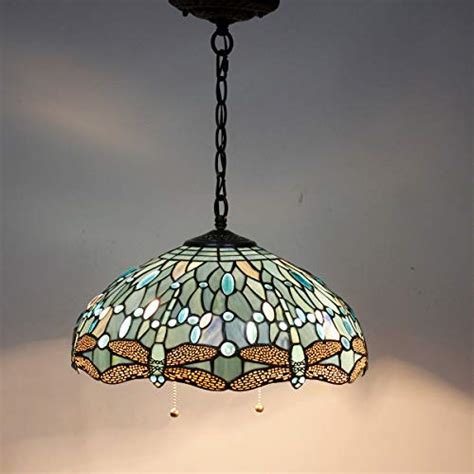 Tiffany Style Hanging Lamp 16 Inch Sea Blue Stained Glass Shade Crystal Bead Dragonfly