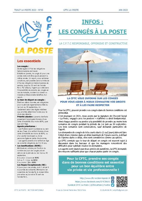 LES CONGES A LA POSTE LA CFTC VOUS INFORME CFTC LA POSTE