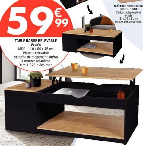 Promo TABLE BASSE RELEVABLE ELINA Chez La Foir Fouille