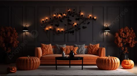 Halloween Themed Living Room With D Rendered Pumpkins Background