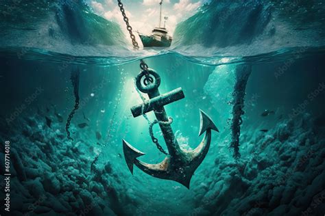 Anchor On The Bottom Of The Ocean Underwater Abandoned Anchor From A