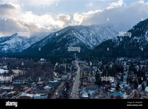 Aerial View Of Leavenworth Washington At Dusk In December Stock Photo