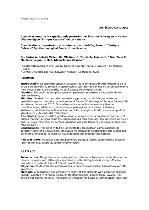 Pdf Complicaciones De La Capsulotom A Posterior Por L Ser De Nd Yag