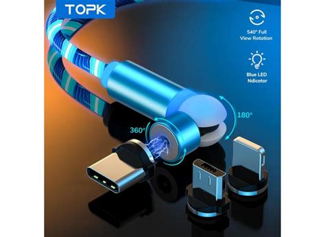 Topk 540 girar fluindo luz led cabo magnético micro usb tipo c cabo de