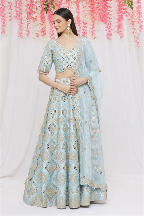 Buy Vandana Sethi Blue Dupion Silk Mirror Embroidered Lehenga Set