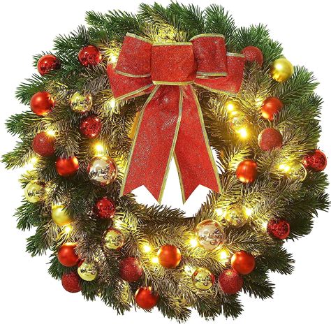 16 Inch Pre Lit Christmas Wreath Large Red Bow And Colored Balls Battery Operated With Warm