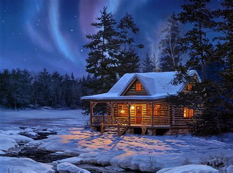 HD Wallpaper Brown Wooden House Decor Winter Forest Water Stars