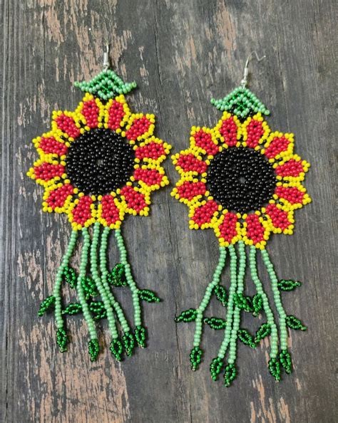 Sunflower Earrings Huichol Seed Beaded Earrings Huichol Flower