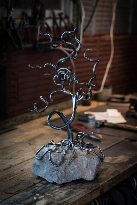 Bonsai Tree Metal Sculpture with Rock Base, Blacksmith Metal Art by Ryan Schmidt – Mitty's Metal Art