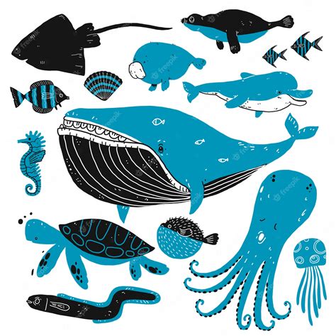 Premium Vector | Set of deep sea creatures sketches.