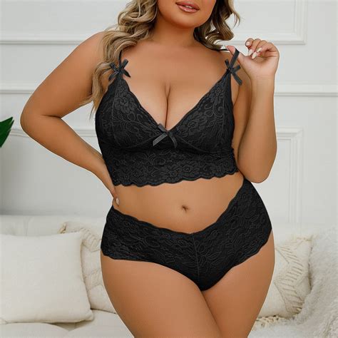 POTETI Black Sexy Woman Lingerie Plus Size Lace Pajama Bownot Bras And