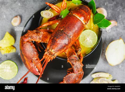 Red Lobster Spicy Soup Bowl Cooked Seafood With Lobster Dinner Table