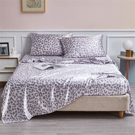 Anminy Satin Sheets Silk Sheets King Silver Leopard Bed Sheet Set Deep