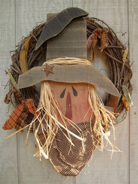 Wooden Scarecrow Country Primitive Wood Scarecrow Wreath Fall Home By