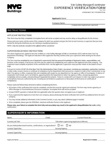 New York City Site Safety Managercoordinator Experience Verification Form Fill Out Sign