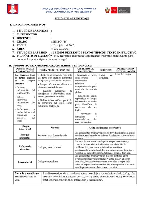 Sesi N Leemos Recetas De Platos T Picos Texto Instructivo