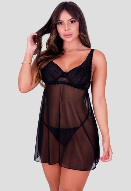 Kit Robe E Camisola De Tule Renda Lingerie Preto Compre Agora