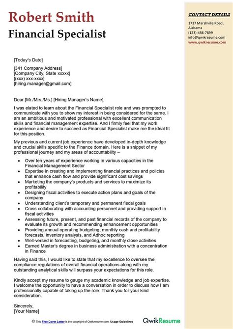 Financial Specialist Cover Letter Examples QwikResume