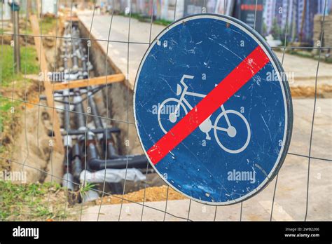 End Of Bicycle Lane Traffic Sign At The Construction Site Selective