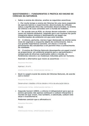 Questionário II Fundamentos E Prática NO Ensino DE Ciências DA