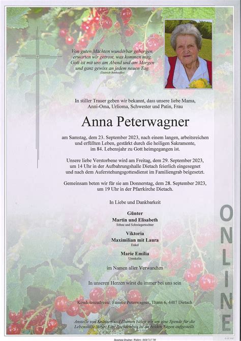 Anna Peterwagner Bestattung Bruckner Wolfern Bei Steyr