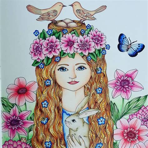 A Drawing Of A Woman With Flowers And Birds On Her Head Holding A Rabbit