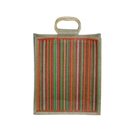 Re Useable Pp Laminated Jute Multicolor Shopping Bag With Wooden Cane