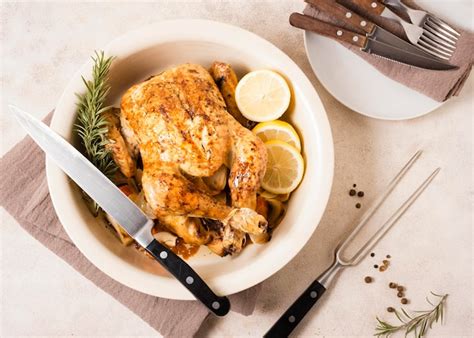 Premium Photo Flat Lay Of Thanksgiving Roasted Chicken Dish With Copy Space