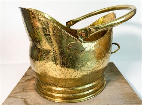 Vintage Brass Coal Wood Scuttle Ash Bucket Made In England Ornate