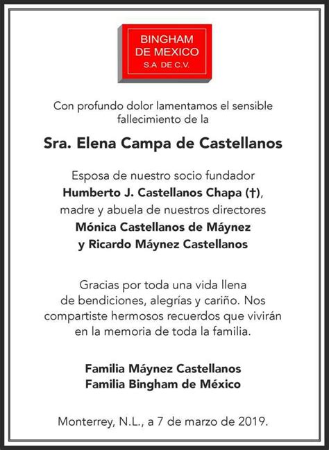 Señora Elena Campa de Castellanos Obituario Esquela