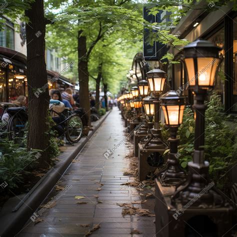 Pedestrian Walkway Design with Shading Devices Benches and Street Lamps ...