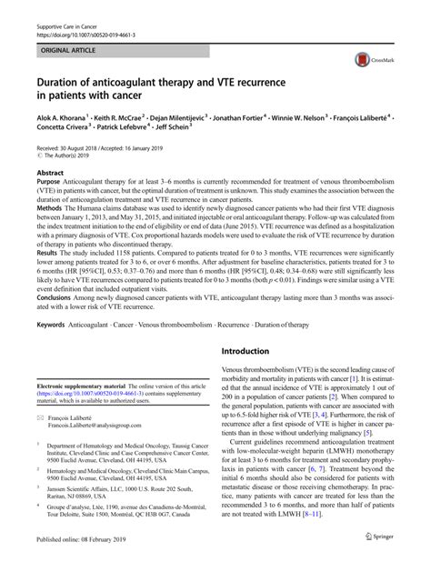 (PDF) Duration of anticoagulant therapy and VTE recurrence in patients ...