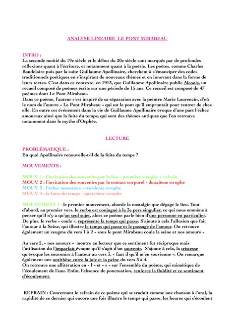 Analyse linéaire le pont mirabeau