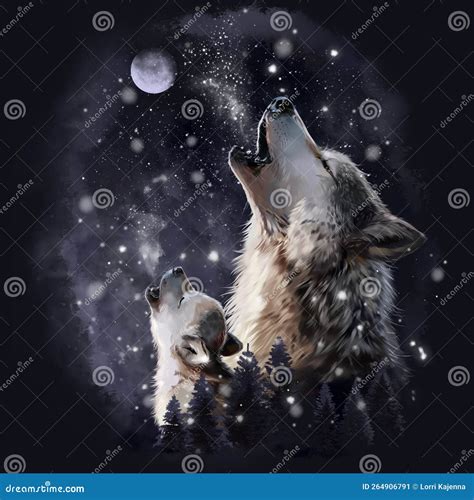 Wolf and Puppy Howling at the Moon Stock Illustration - Illustration of wildlife, grey: 264906791