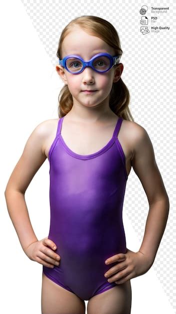 Young Girl Wearing Purple Swimsuit And Goggles Ready For Swimming