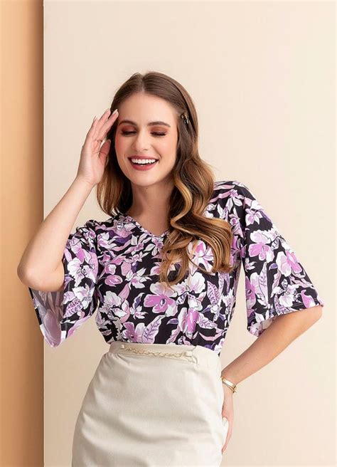 Rosalie Blusa Floral Roxo Manga Ampla Moda Evang Lica