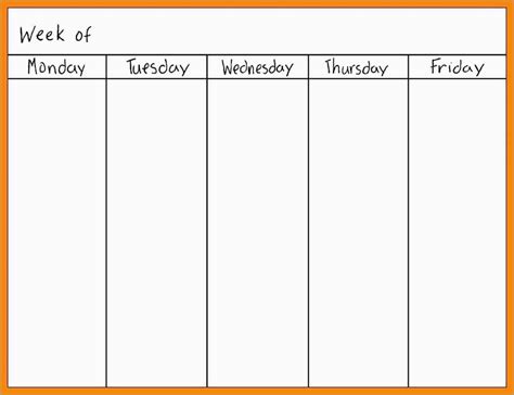 Monday Through Friday Calendar Printable