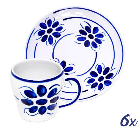 Jogo de 6 Xícaras de Chá e Pires em Porcelana Azul Floral 200 ml