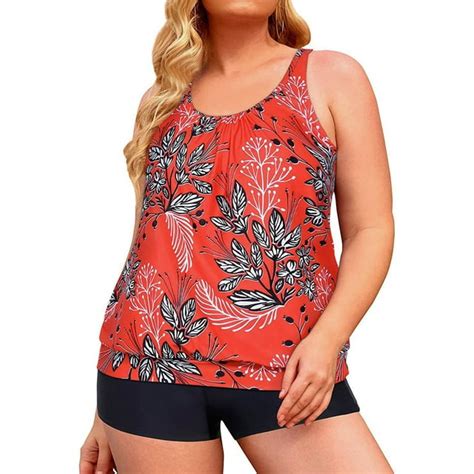 Chama Womens Plus Size Blouson Tankini Swimsuits Striped Swimwear Set 2 Piece Athletic Bathing