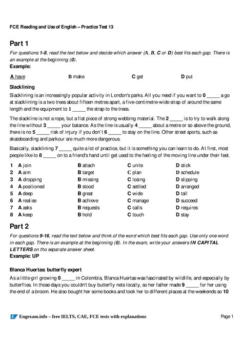 Fce Reading And Use Of English Practice Test Part For