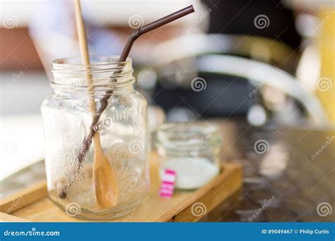 Empty Drinking Mason Jar With Spoon And Straw Stock Image Image Of Time Stylish 89049467